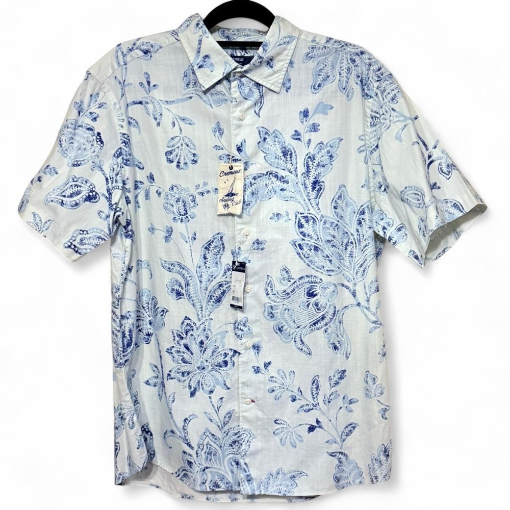 Cremieux Blue and White Floral Print Short Sleeve Button Up Shirt